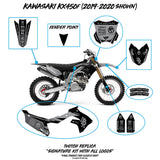 Motorcycle graphics kit placement diagram with labeled side panels and front accents