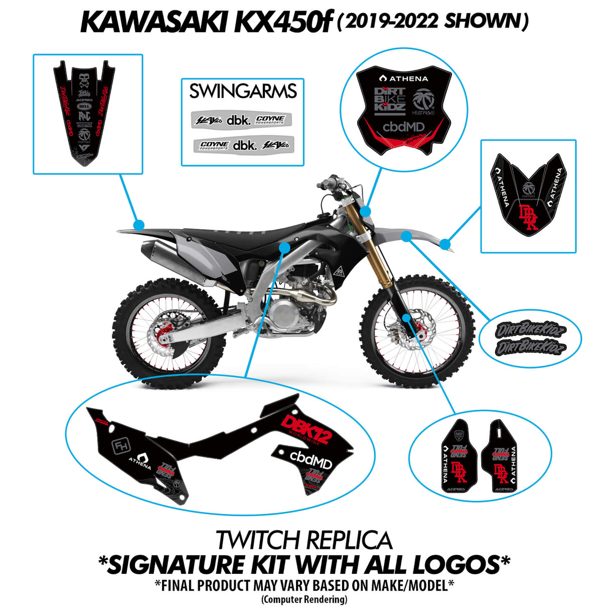 Motorcycle kit layout diagram showing black side plates and front fork graphics
