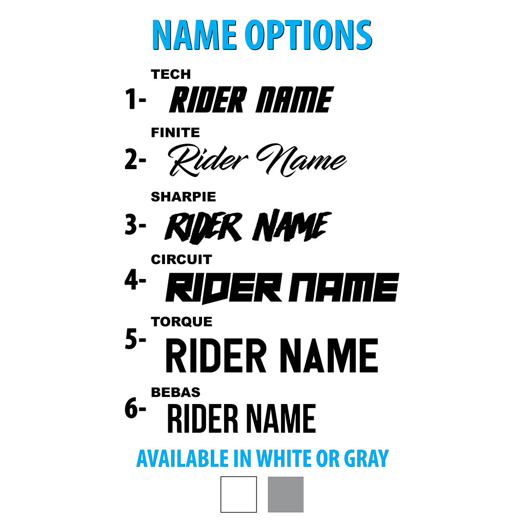 Motorcycle graphics name option chart with rider name lettering styles in white or gray