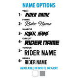 Motorcycle graphics name option chart with rider name lettering styles in white or gray