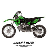Kawasaki KLX 110 dirt bike with green and black graphics, side panels and tank decals