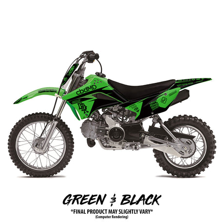 KLX 110 Twitch Edition bike graphics, green/black with cbMD decals and front side panels