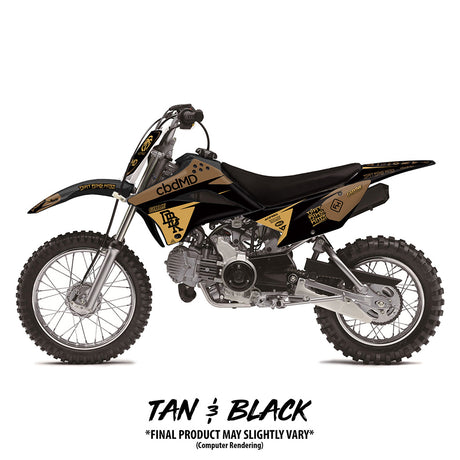 KLX 110 Twitch Edition bike graphics, tan/black with cbMD decals and side panel artwork