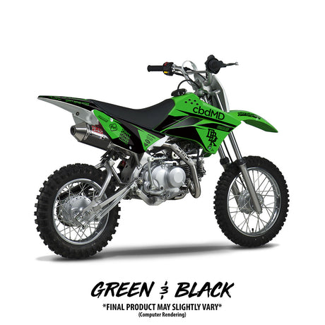Green and black Kawasaki 110 dirt bike with exhaust, front wheel and handlebars