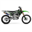 Dirt bike graphic kit on green-and-black motorcycle, with side panels and fender decals