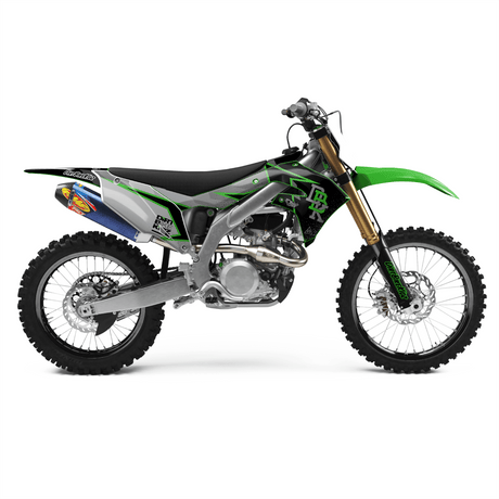 Dirt bike graphic kit on green-and-black motorcycle, with side panels and fender decals