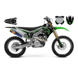 Motorcycle graphic kit on a green-and-black bike, with side plates and matching accents