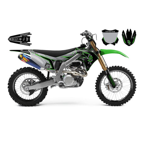 Motorcycle graphic kit on a green-and-black bike, with side plates and matching accents