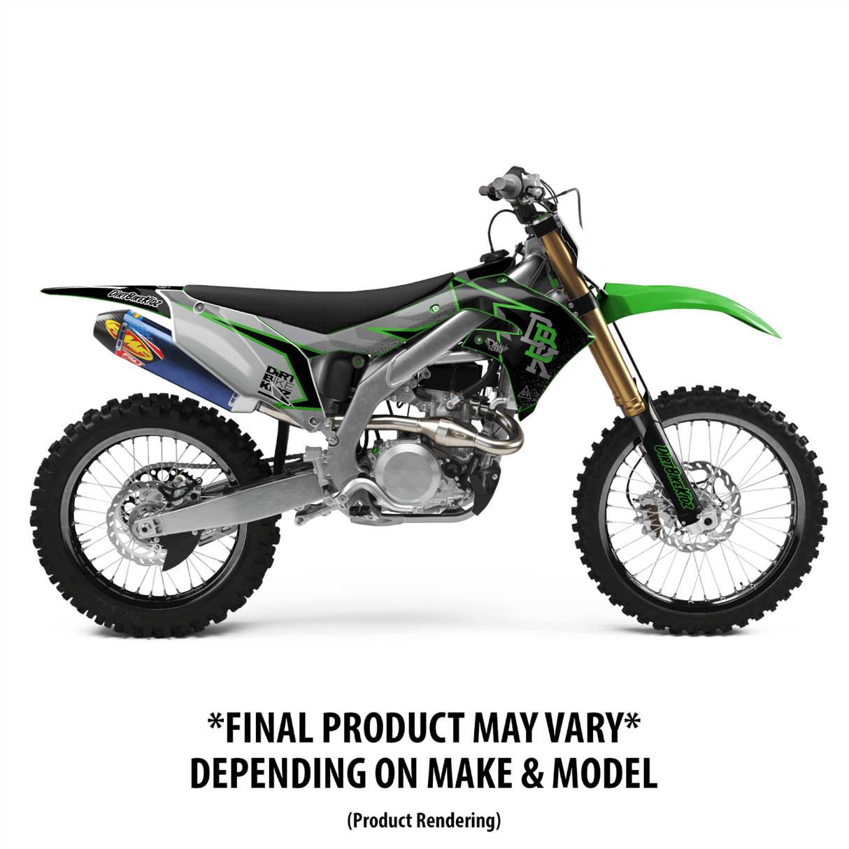 Motorcycle graphic kit on a green-and-black dirt bike, showing side panels and exhaust