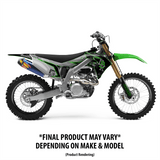 Motorcycle graphic kit on a green-and-black dirt bike, showing side panels and exhaust