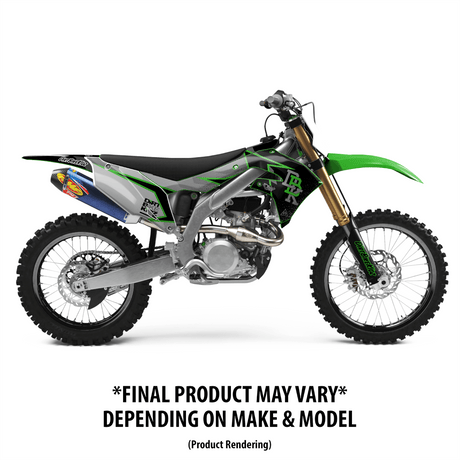 Motorcycle graphic kit on a green-and-black dirt bike, showing side panels and exhaust