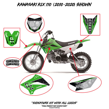 KLX 110 Signature Kit parts placement on green dirt bike, numbered graphic callouts