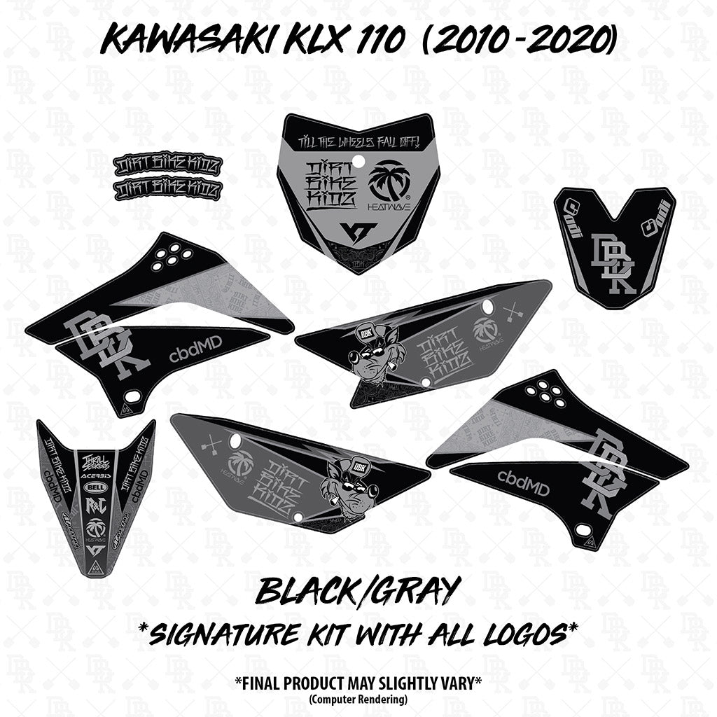 Black and gray motorcycle decal set with multiple body-panel pieces and logos