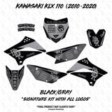 Black and gray motorcycle decal set with multiple body-panel pieces and logos