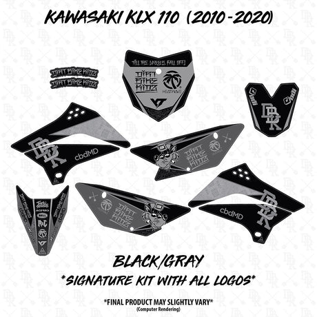 Black and gray KLX 110 Signature Kit decals set, multiple body panel graphics shown