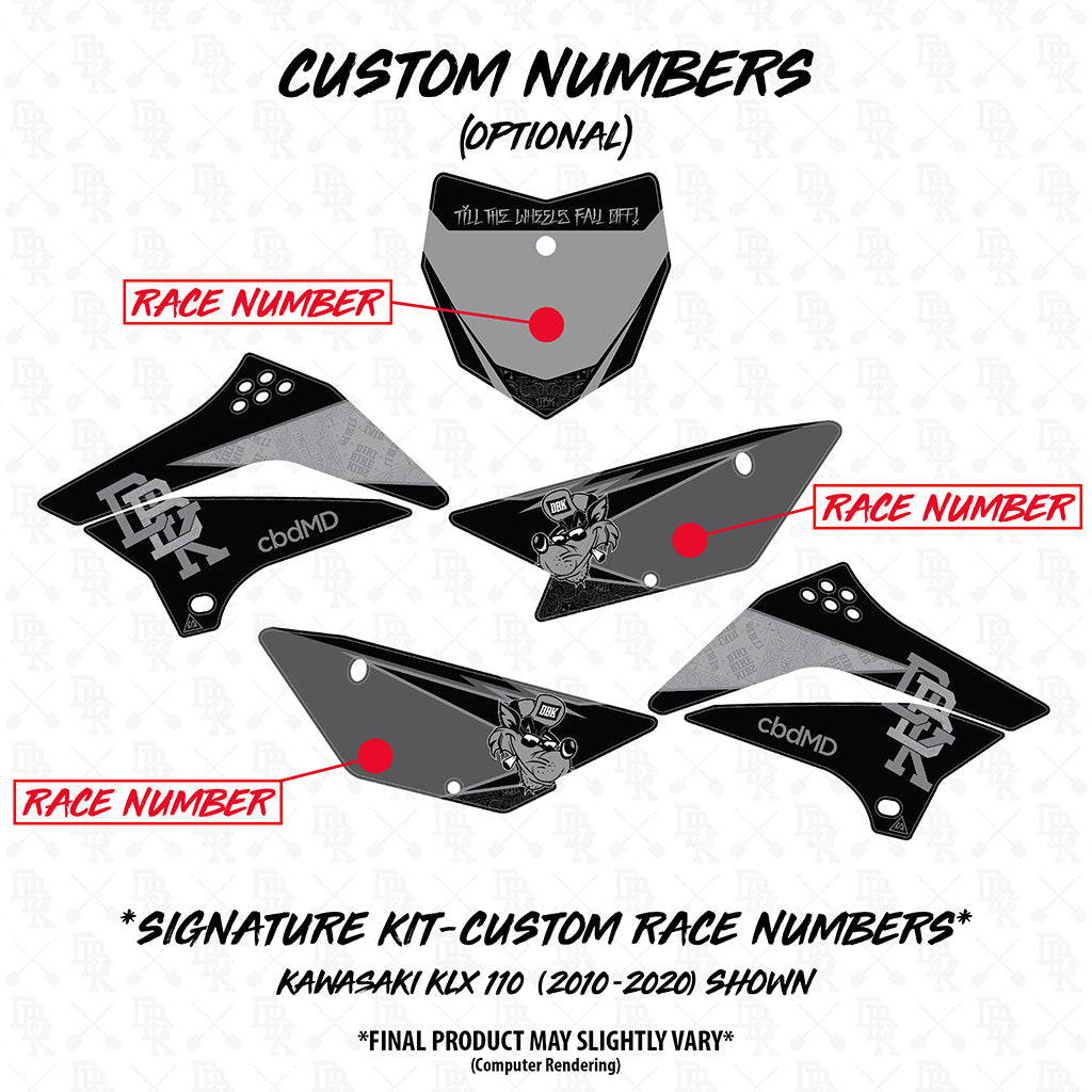 Custom number graphics set with black and gray decal placement pieces