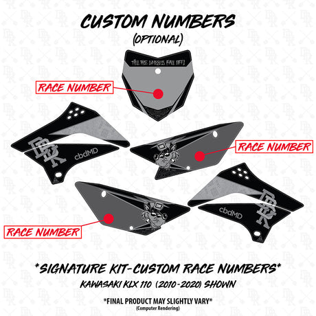 Black and gray Signature Kit custom race numbers layout (optional), panel graphics with markers