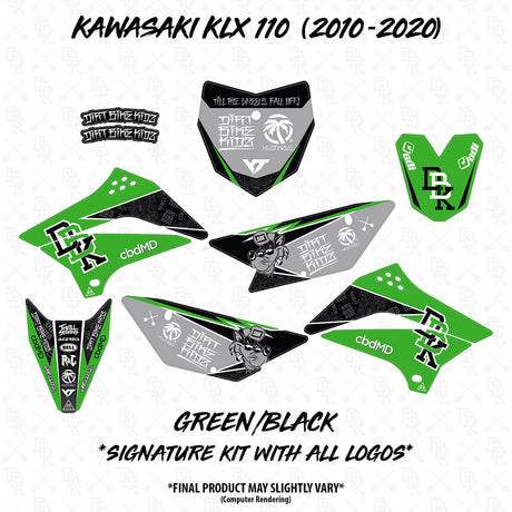 Green and black KLX 110 Signature Kit decals set, multiple body panel graphics shown