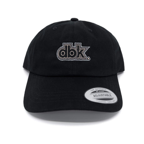 Black dad hat with dbk logo embroidery and adjustable front label