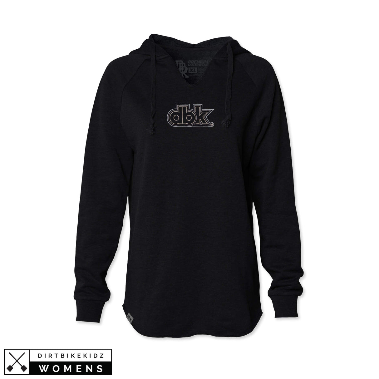 Black women’s hoodie with drawstring hood and dbk chest logo