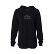 Black women’s hoodie with drawstring hood and dbk chest logo, long sleeves