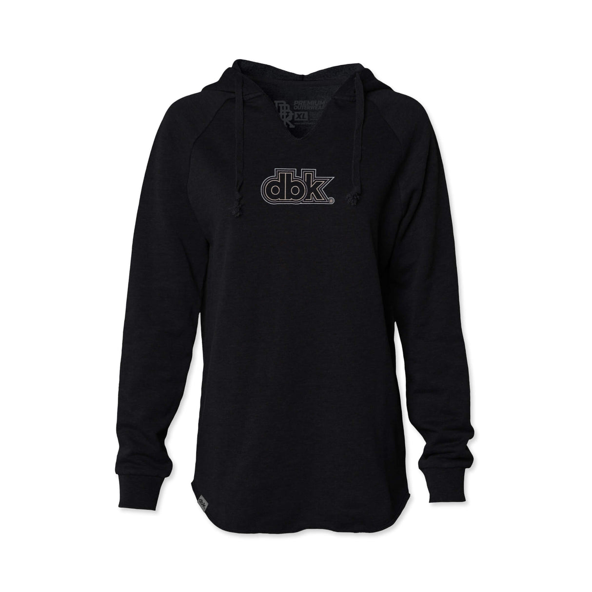 Black women’s hoodie with drawstring hood and dbk chest logo, long sleeves