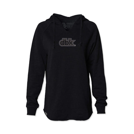 Black women’s hoodie with drawstring hood and dbk chest logo, long sleeves