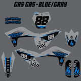 Dirt bike decal set with blue and gray graphic panels and number plate pieces