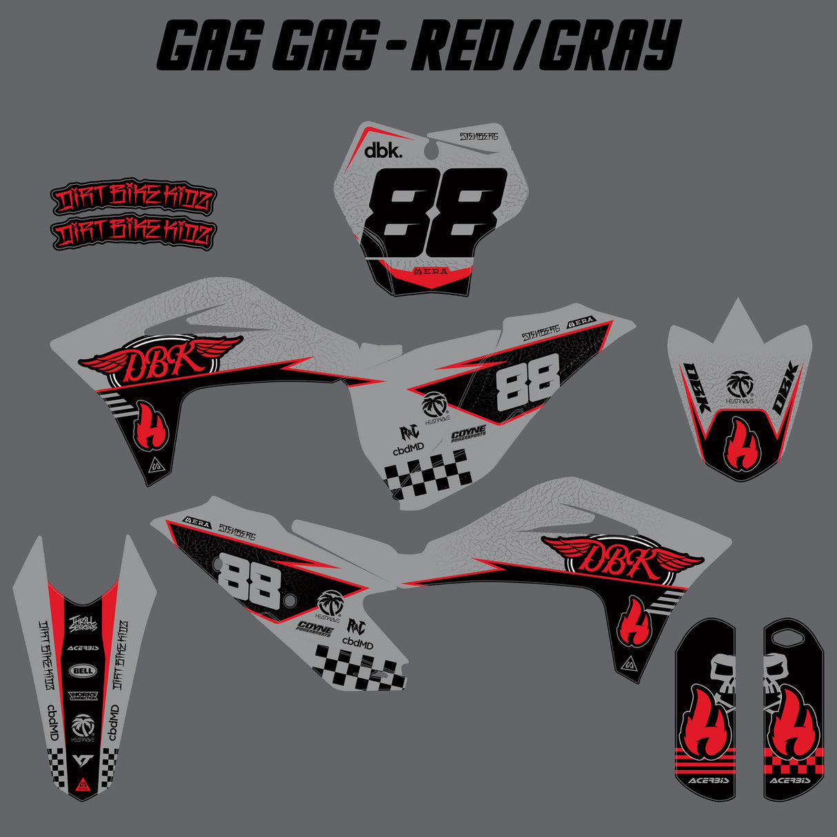 Dirt bike decal set with red and gray graphic panels and number plate pieces