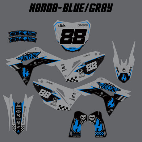 Blue and gray decal kit layout with 38 number plate and side graphics