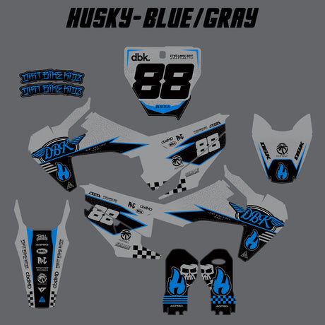 Husky blue/gray decal kit layout for front, side plates, and number options
