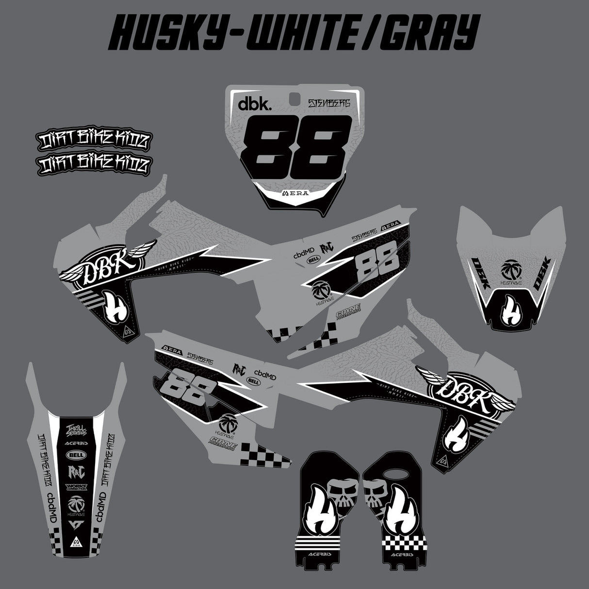 White and gray motorcycle decal pieces layout with 88-themed graphics and plates