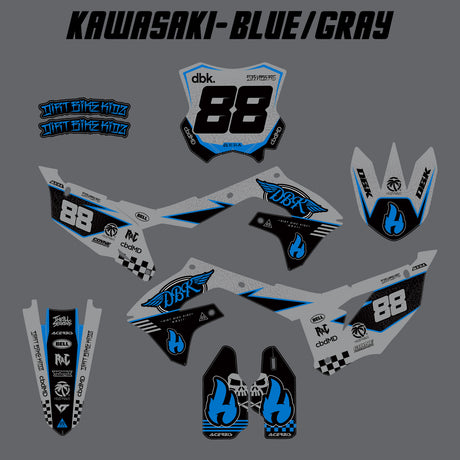 Kawasaki Blue/Gray motorcycle decal pieces with number 88 and side plate panels