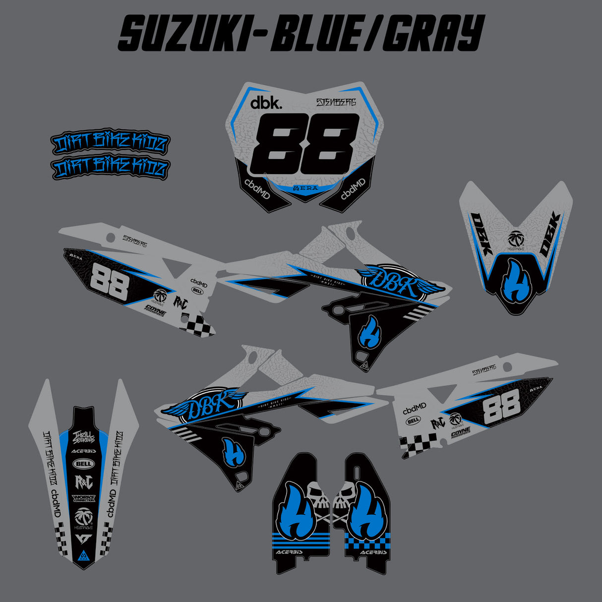 Blue and gray dirt bike decal set layout with matching number and side plate pieces