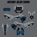 Blue and gray dirt bike decal set layout with matching number and side plate pieces
