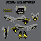 Yellow and gray dirt bike decal set layout with matching number and side plate pieces