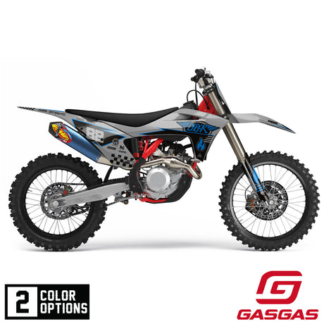 GasGas Hillside Burners motocross bike with blue/gray graphics and knobby tires