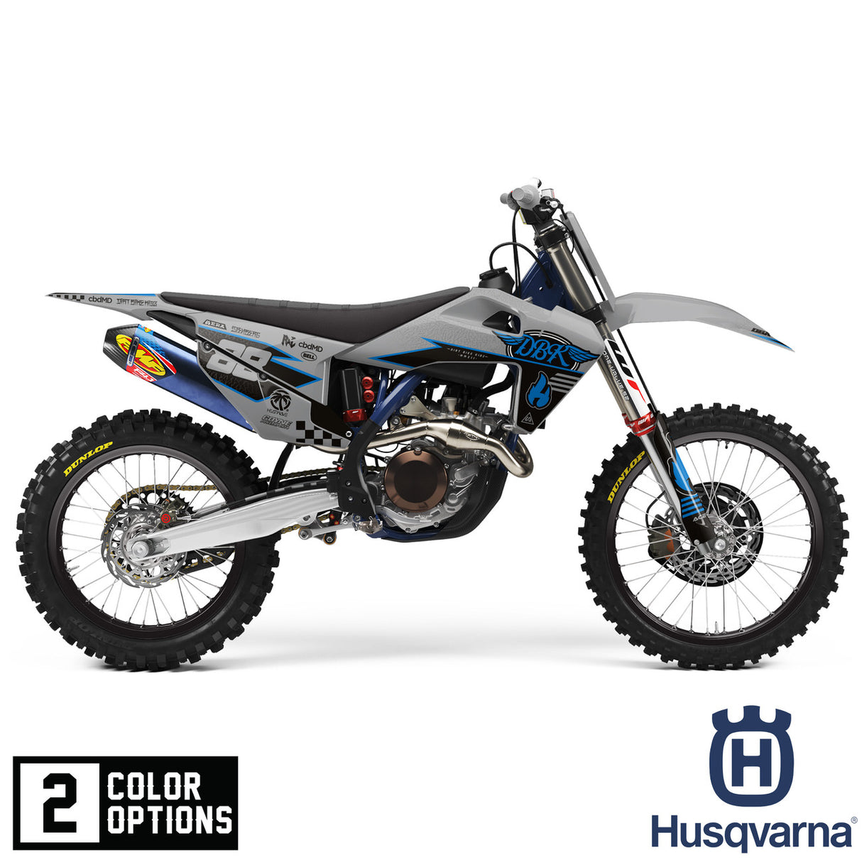Blue and gray motocross motorcycle with side panel, fender, and engine graphics