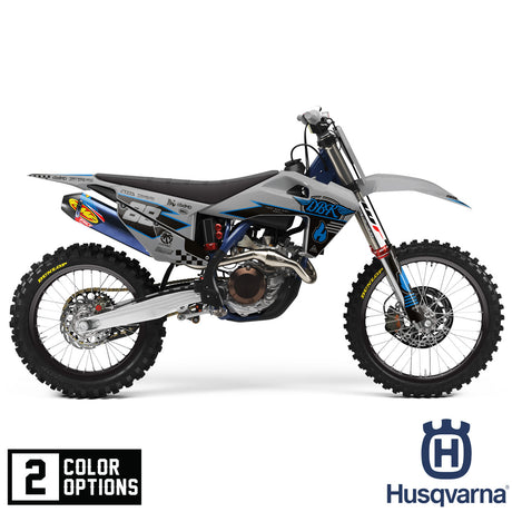 Husky Hillside Burners off-road dirt bike with blue and gray graphics, black seat