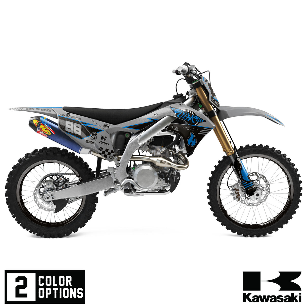 Off-road motorcycle with blue/black/white panels and knobby tires
