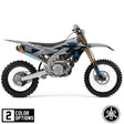 Off-road motorcycle with blue/black graphics, number 88, silver frame, knobby tires