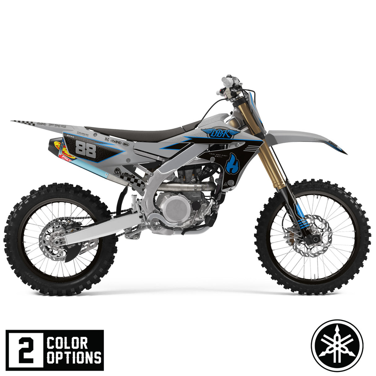 Off-road motorcycle with blue/black graphics, number 88, silver frame, knobby tires