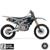 Off-road motorcycle with blue/black graphics, number 88, silver frame, knobby tires
