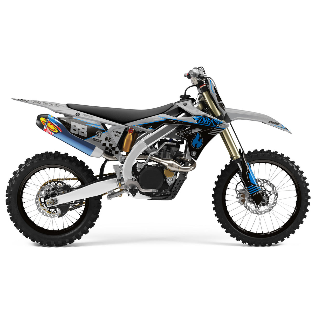 Dirt bike side view with blue and gray graphics, number 88, and knobby tires