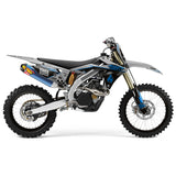 Dirt bike side view with blue and gray graphics, number 88, and knobby tires