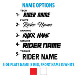 Motorcycle decal name options chart showing red side-name and white front-name colors
