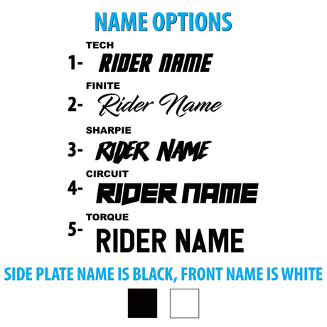 Motorcycle graphics name options chart: side plate black, front name white