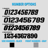 Motorcycle number options chart with black side numbers and gray front numbers