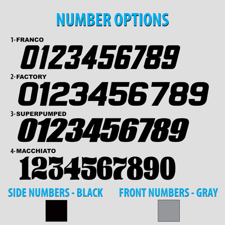 Motorcycle number options chart with black side numbers and gray front numbers