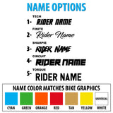 Rider name color options chart, matching cyan, green, orange, red, tan, yellow, and white